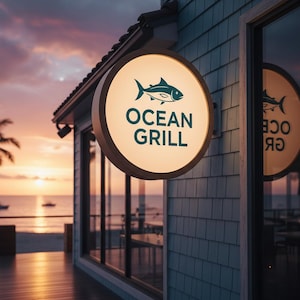 Może przedstawiać: Okrągły, podświetlany szyld restauracji "Ocean Grill". Szyld przedstawia turkusową grafikę ryby nad słowami "OCEAN GRILL" w kolorze turkusowym. Szyld jest zamontowany na budynku z niebieskim sidingiem, z zachodem słońca w tle.