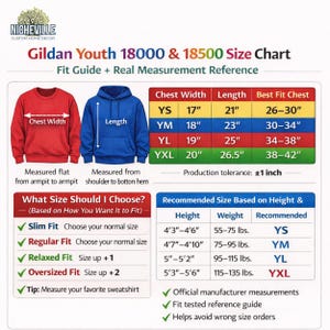 Peut inclure: Tableau des tailles pour les sweats &agrave; capuche Gildan Youth 18000 & 18500. Indique les mesures de la largeur de poitrine et de la longueur en pouces pour les tailles YS, YM, YL et YXL. Comprend un guide des tailles.