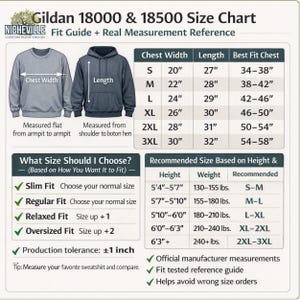 Gildan 18000 and 18500 adult sweatshirt size chart showing chest width, length, and recommended fit measurements from S to 3XL, with flat measurement guide and sizing instructions,