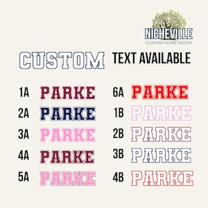 Custom varsity font design chart showing multiple PARKE text style options with different colors and outline variations labeled with design codes for personalized sweatshirt custom