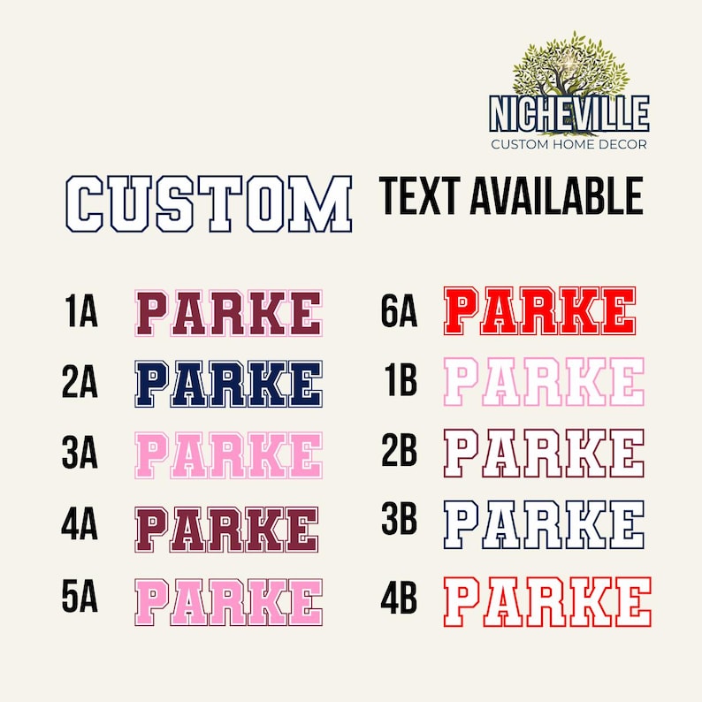 Custom varsity font design chart showing multiple PARKE text style options with different colors and outline variations labeled with design codes for personalized sweatshirt custom