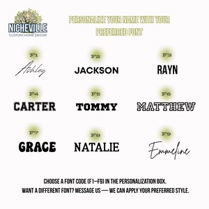 Font selection chart for personalized name sweatshirt or custom home decor sign by Nicheville, showing 9 font options labeled F1–F9 including script, bold, varsity, modern serif, and handwritten styles, with instructions t