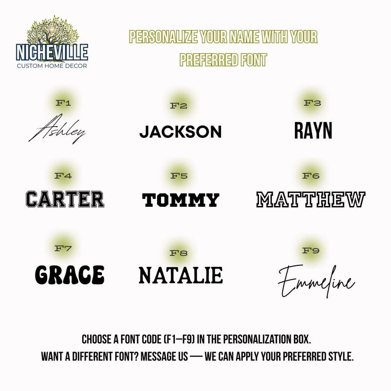 Font selection chart for personalized name sweatshirt or custom home decor sign by Nicheville, showing 9 font options labeled F1–F9 including script, bold, varsity, modern serif, and handwritten styles, with instructions t