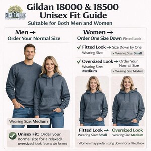 Unisex Gildan 18000 and 18500 sweatshirt fit guide showing male and female models wearing medium size, explaining true to size fit for men and size down recommendation for women,