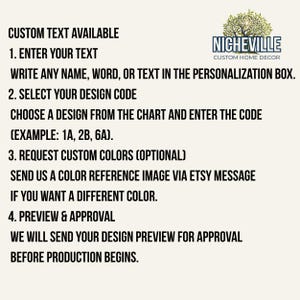 Custom sweatshirt personalization guide showing how to enter text, select design code, request custom colors, and approve preview before production, Nicheville personalized