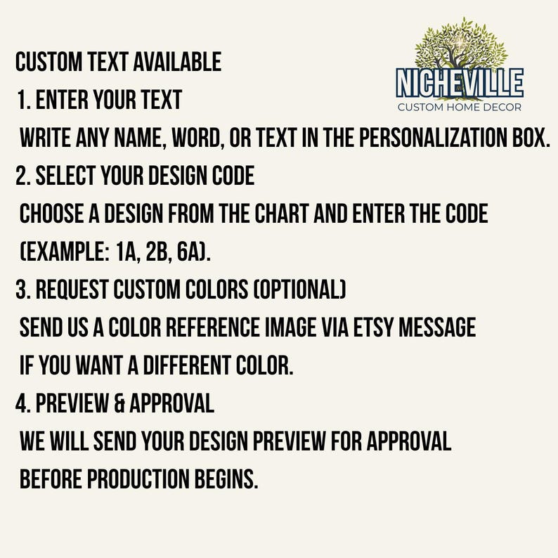 Custom sweatshirt personalization guide showing how to enter text, select design code, request custom colors, and approve preview before production, Nicheville personalized