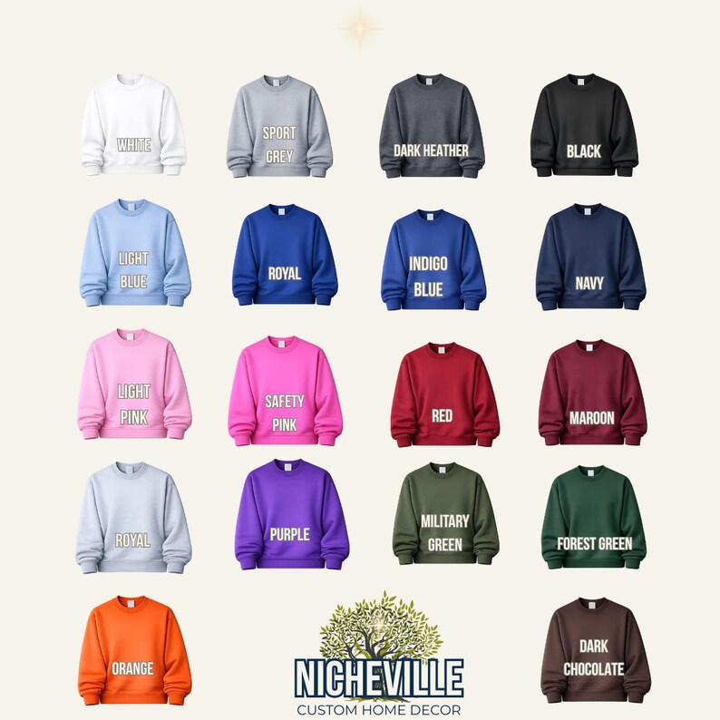 Gildan 18000 sweatshirt color options chart showing white, sport grey, black, navy, royal blue, light blue, pink, red, purple, military green, forest green, orange,