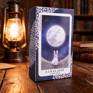 May include: A tarot deck box with a night sky design, a full moon, and a white rabbit illustration. The box reads "LUNALAPIN TAROT DECK" and is placed on a wooden table. The box has a dark blue background with a white dotted pattern.