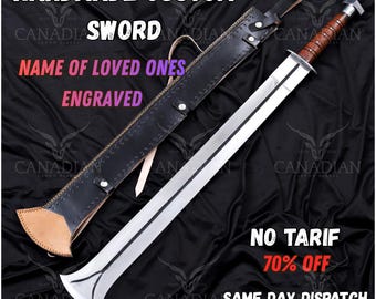 May include: A handmade custom sword with a silver blade and brown handle, accompanied by a black leather sheath. The text "NAME OF LOVED ONES ENGRAVED" is visible. The image also includes the text "HANDMADE CUSTOM SWORD".