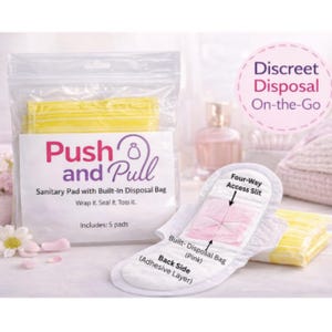 May include: A package of sanitary pads with a built-in disposal bag. The packaging reads "Push and Pull" and "Includes: 5 pads". A single pad is displayed, showing the "Four-Way Access Slit" and "Back Side (Adhesive Layer)".