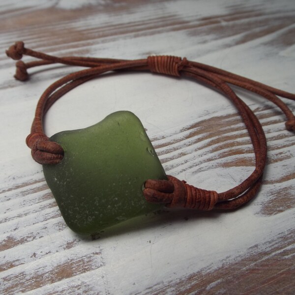 Green Sea Glass and Leather Bracelet - Seaglass Leather  - Surfers-Beachwear- Scottish Seaglass-Leather Bracelet