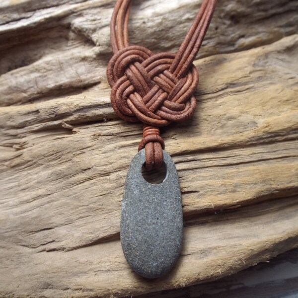 Scottish Sea Pebble and  Leather Celtic Knot Necklace -Seaglass -Surfer Necklace -Beachwear-Etsy seller