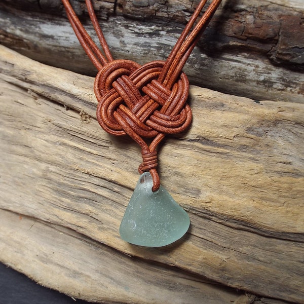 Aqua Scottish SeaGlass and  Leather Celtic Knot Necklace - Ready to ship -Seaglass -Surfer Necklace -Beachwear-Etsy seller