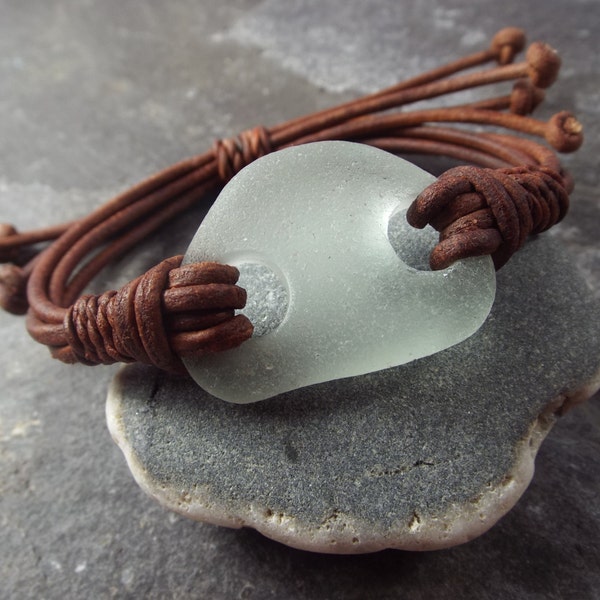 Soft Aqua Sea Glass and Leather Bracelet - Seaglass Leather  - Surfers-Beachwear- Scottish Seaglass-Leather Bracelet