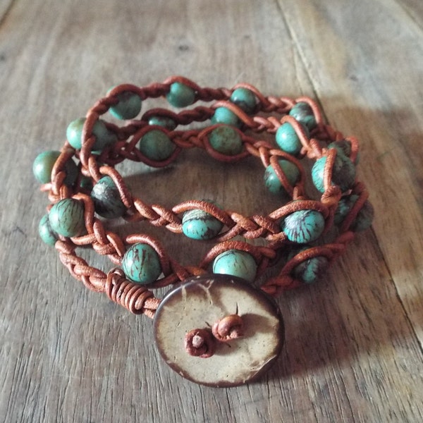 Leather and Acai Bead Wrap Bracelet - by Natures Design- Seaglass Seller - Beachwear - Natural - Surfer Bracelet - Boho -
