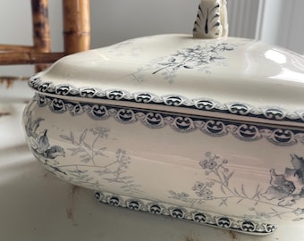 Antique French Black Transferware Ironstone Soupiere/Tureen