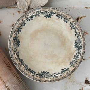 Antique French Large St Amand Service Bowl, Green Transferware, Flowers, Branches, Ironstone, Cottagecore, Farmhouse