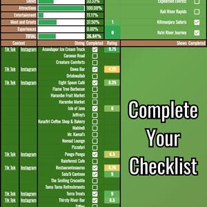 May include: A green and brown checklist for Animal Kingdom, with sections for dining, rides, shows, and attractions. The text "Complete Your Checklist" is displayed in white. Includes TikTok and Instagram content.