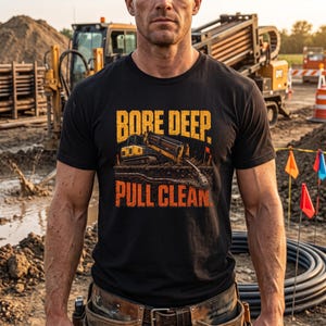 Op de afbeelding: Een zwart t-shirt met korte mouwen en een grafische print van een gele horizontale gestuurde boormachine. De tekst BORE DEEP PULL CLEAN staat in oranje blokletters boven en onder de illustratie van de bouwmachine op het shirt.