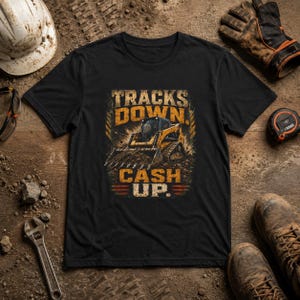 May include: A black short-sleeved t-shirt featuring a graphic of a yellow skid-steer loader on a dirt background. The text reads TRACKS DOWN CASH UP in a distressed orange font. The design includes mud splatters and horizontal lines at the bottom.