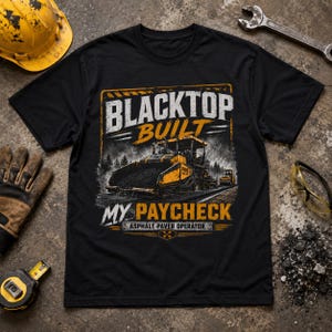 May include: A black short-sleeve t-shirt featuring a graphic of a yellow asphalt paver construction vehicle. The text reads BLACKTOP BUILT MY PAYCHECK ASPHALT PAVER OPERATOR. The design includes a distressed, weathered aesthetic with yellow and white lettering.