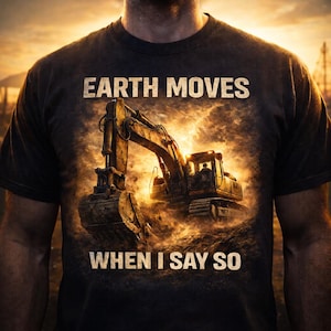 Könnte beinhalten: Dunkelgraues T-Shirt mit einer detaillierten Illustration eines gelben Baggers. Der Text "EARTH MOVES WHEN I SAY SO" ist in weißen Blockbuchstaben gehalten. Das Design hat einen Used-Look.