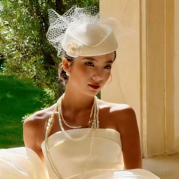 Sombrero de novia vintage color marfil con velo estilo jaula y detalle floral