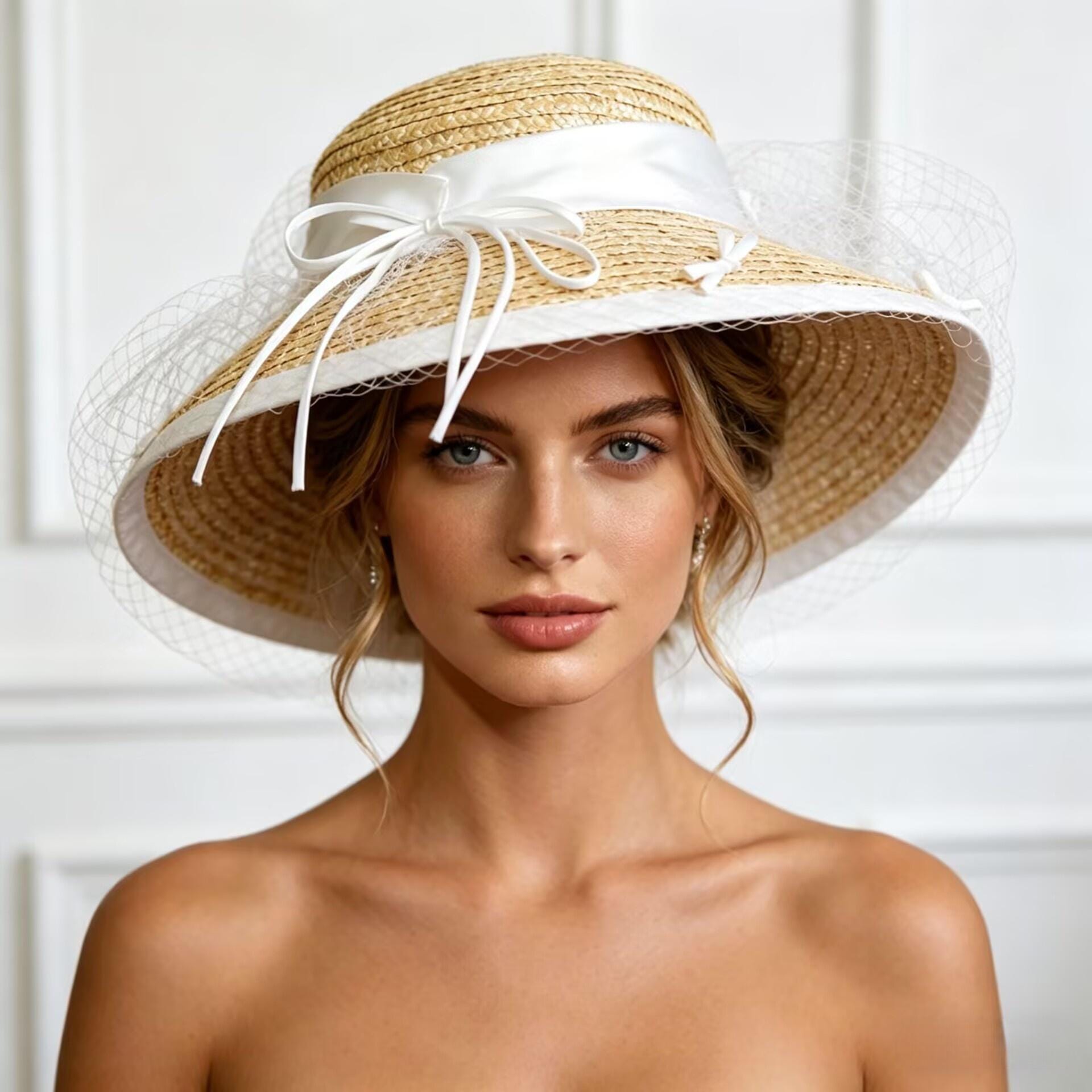 JAUNTY DESIGNER 1940\'s NATURAL STRAW HAT + WHITE OSTRICH FEATHER White Derby Hat: Couture Boater with Pearl & Ostrich Feather main image 4