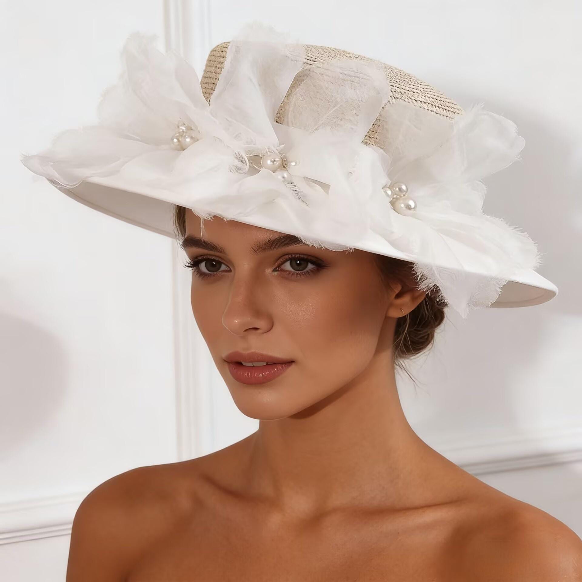 Jezebel Ivory Straw Dress Hat with Tulle Bow and Pearl Accent Straw sunhat with ivory ribbon and pearl accent — Helen Hill main image 3