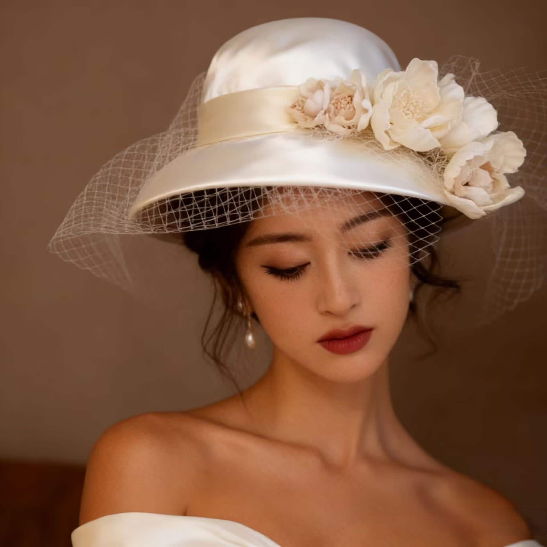 Elegant Bridal Flat Hat with Floral & Lace Details Wedding Hat