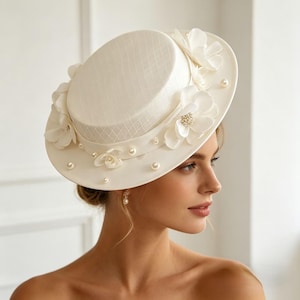 May include: Cream-coloured hat with a rounded crown and a wide brim, decorated with fabric flowers and faux pearls. The hat has a fine mesh overlay on the crown, suitable for formal events. The flowers have pearl centres.