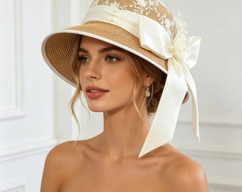 ヴィンテージ風花柄レース麦わらウェディングハット ブライダルハット