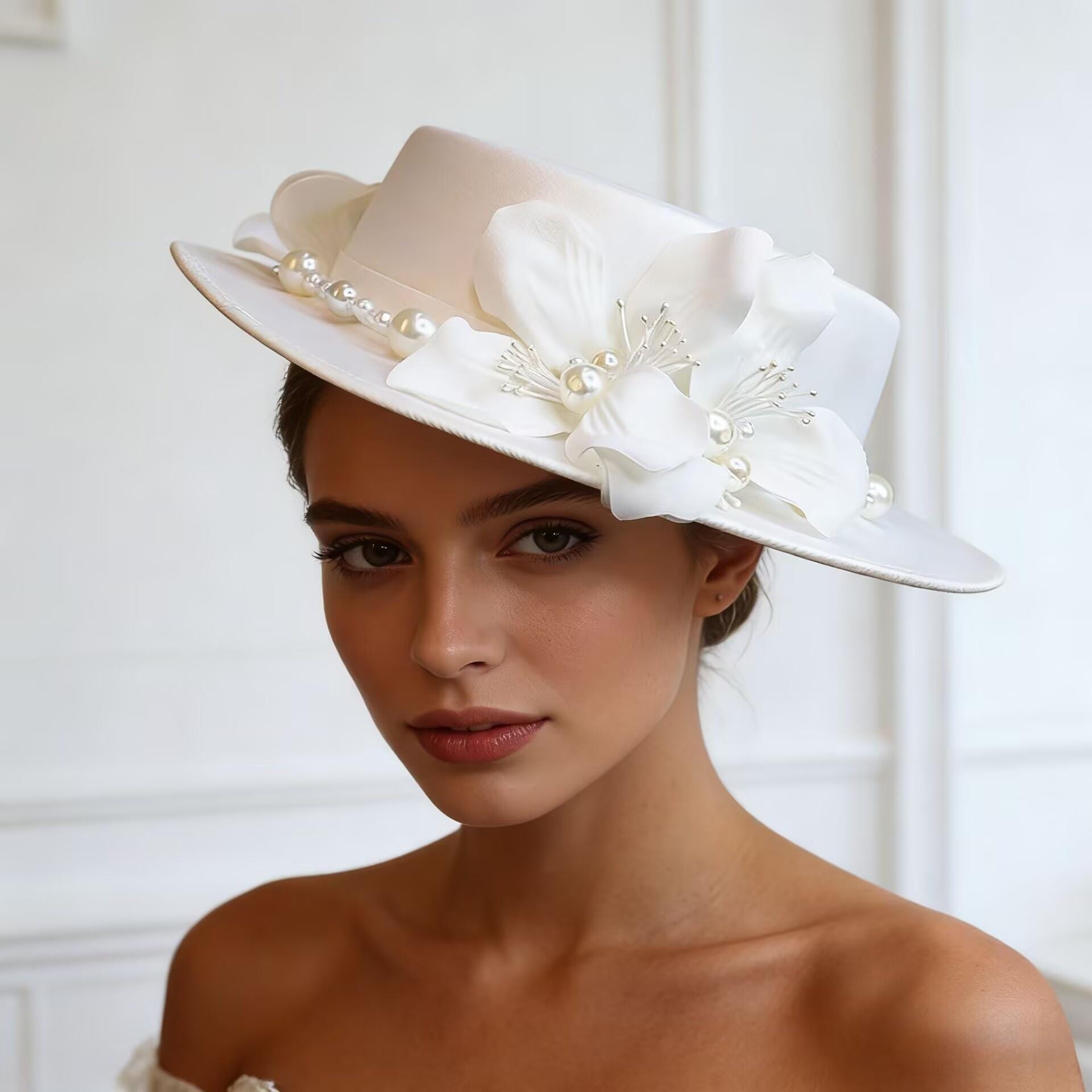 Elegant White Bridal Boater Hat with Floral & Pearl Accents Wedding Hat