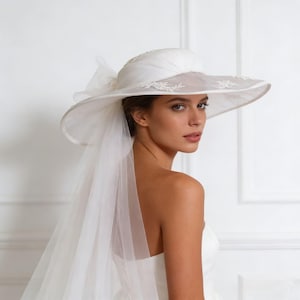 White Veil Wide-Brim Hat with Sheer Tulle Veil Wide elegant wedding hat - Dream cloud bridal hat with veil  main image 3