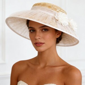 Vintage Fedoria Elegant Wide Brim Straw Hat with Navy Bow and White Tulle Accent Fedoria - Etsy main image 4
