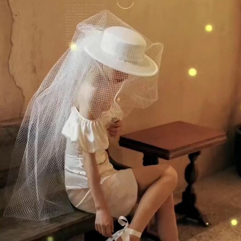 Bridal Boater Hat with Integrated Netting Veil