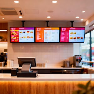 May include: A modern fast-food restaurant interior featuring three digital menu boards displaying food options. The boards are mounted on the ceiling above a counter with a point-of-sale system. The restaurant has a clean, well-lit atmosphere.