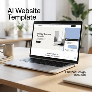 May include: A laptop displaying a website template with the text "AI Website Template." The screen shows a website design with the words "Min Your Business Template" and a chatbot design. A mug and a closed laptop are on the wooden desk.