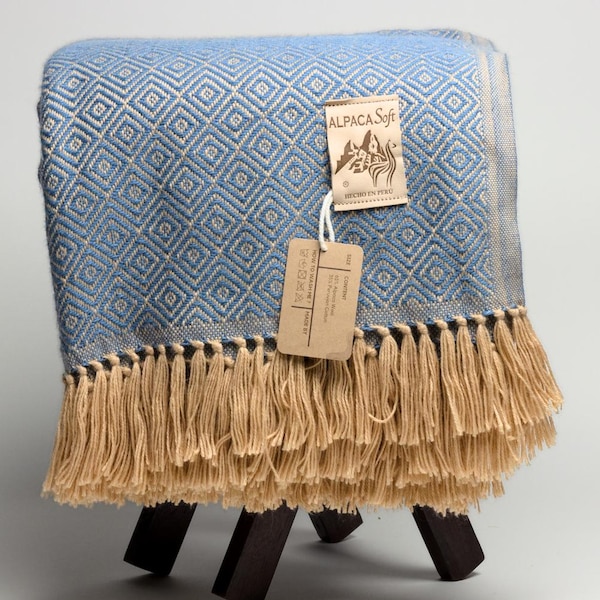 Manta de lana de alpaca, azul claro, 200 x 140 cm. Suave manta de sofá de Perú.