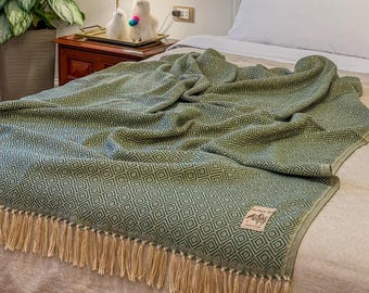 Manta de lana de alpaca, verde, 200 x 140 cm, suave manta de sofá de Perú