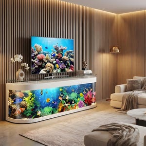Op de afbeelding: Een modern entertainmentcenter met een grote flatscreen-tv boven een ingebouwd aquarium. Het aquarium is gevuld met kleurrijke vissen en koraal. De kamer heeft houten lambrisering en een neutraal kleurenschema.