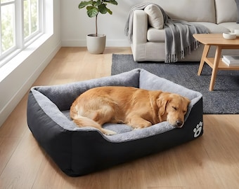 Cama ortopédica cuadrada negra para perros: sofá cama de felpa para perros medianos y grandes