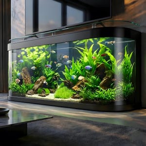 Op de afbeelding: Een groot, gebogen aquarium met een zwart frame, gevuld met weelderige groene planten, rotsen en kleurrijke vissen. De tank is verlicht en creëert een levendige onderwaterwereld. Een televisie staat erboven.