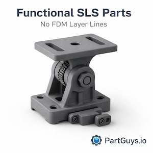 May include: A gray, 3D-printed mechanical part with the text "Functional SLS Parts" and "No FDM Layer Lines." The part has a rectangular base, a gear-like mechanism, and a top plate with two slots. The logo for PartGuys.io is in the bottom right.