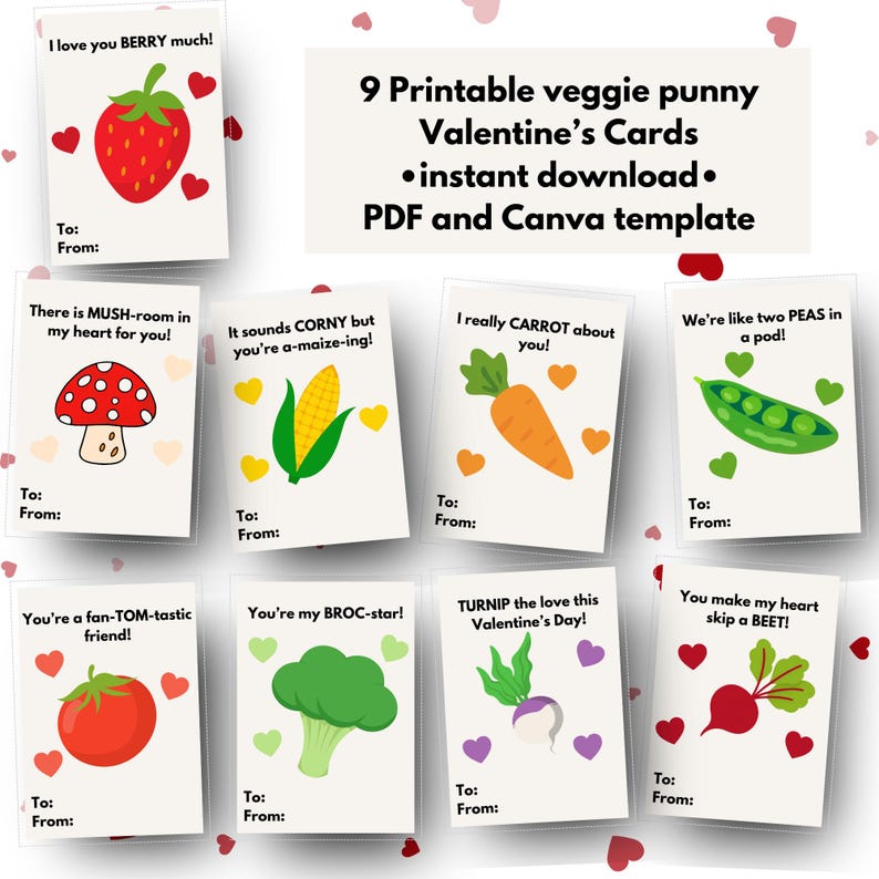 Printable Classroom Valentine Cards, 9 Vegetable Pun Kids School ...
