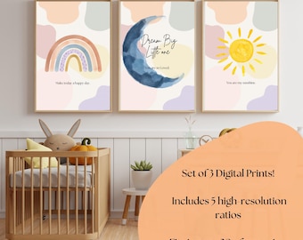 Moon Nursery Wall Art Set of 3 - Dream Big Little One Boho Nursery Decor - Gender Neutral Celestial Prints - Watercolor Digital Download