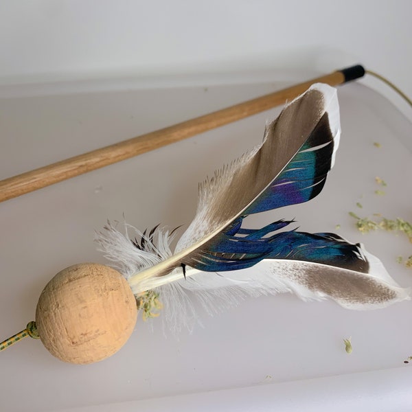 BUILD- a -WAND ** Cork + Duck Feathers + Solid Hardwood Rod - Handmade cat toy teaser with feathers - durable - Great gift for cat owners~