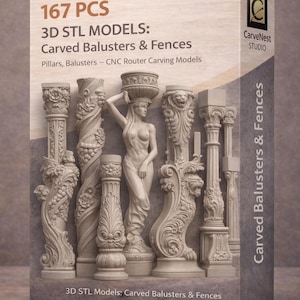 Pode incluir: Uma caixa com modelos 3D STL de balaústres e cercas esculpidas. A caixa exibe vários designs de pilares, incluindo uma estátua de mulher. O texto na caixa diz "167 PCS" e "CarveNest STUDIO".
