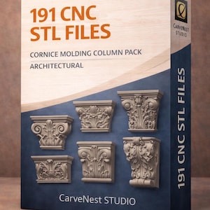May include: A box featuring the text "191 CNC STL FILES" and "Cornice Molding Column Pack Architectural." The box displays several detailed architectural cornice molding designs. The CarveNest STUDIO logo is visible on the box.