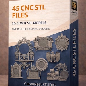 Könnte beinhalten: Eine Produktbox mit der Aufschrift "45 CNC STL FILES" und "3D CLOCK STL MODELS". Die Box zeigt verschiedene 3D-Uhrenmodelle und das Logo "CarveNest STUDIO". Die Box ist hauptsächlich blau und hellbraun.